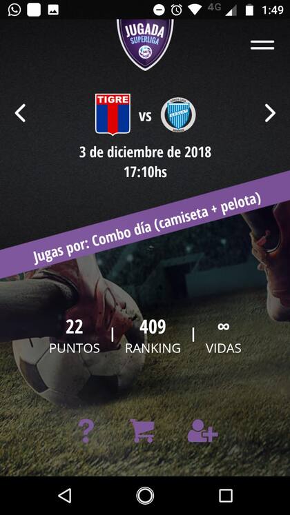 Captura de Jugada Superliga, la trivia interactiva que sigue el minuto a minuto de los partidos del fútbol argentino