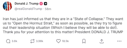 Captura de la publicación de Trump. Fuente: Truth Social