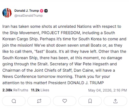 Captura de la publicación de Trump. Fuente: Truth Social