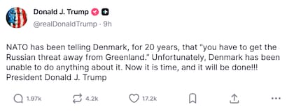 Captura de la publicación del presidente norteamericano, Donald Trump, sobre Dinamarca. Fuente: Truth Social