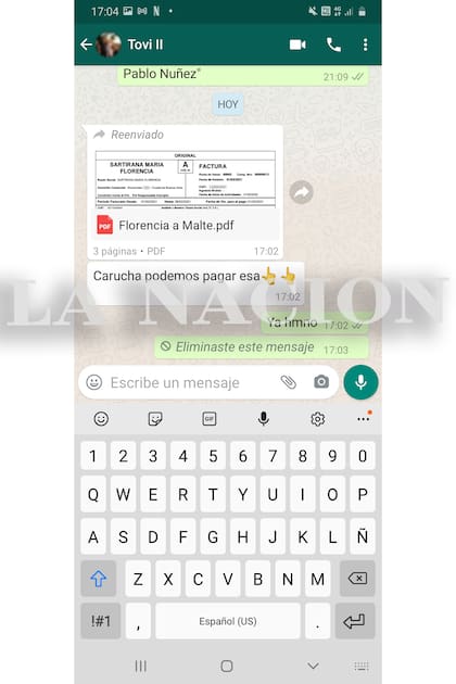 Captura de pantalla a la que tuvo acceso LA NACION en la que Pablo Toviggino le solicita a Juan Pablo Beacon que se efectúe un pago en favor de su pareja, María Florencia Sartirana