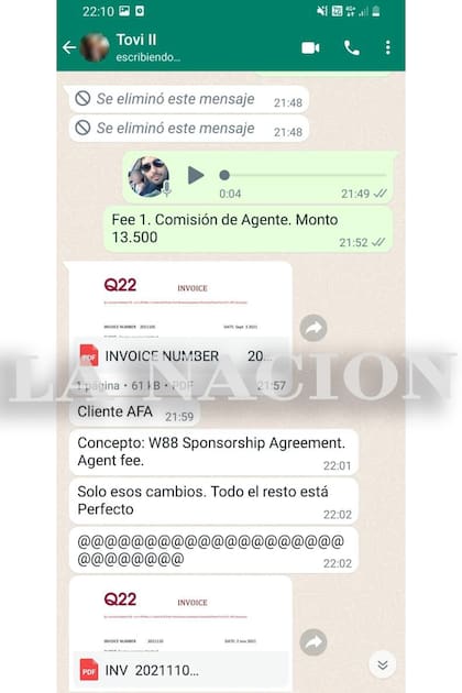 Captura de pantalla a la que tuvo acceso LA NACION en la que Pablo Toviggino le da instrucciones a Juan Pablo Beacon sobre cómo debe ser una factura de una intermediaria de la AFA