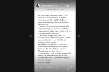 Captura de pantalla de historias en Instagram de Jana Maradona