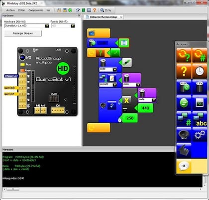 Captura de pantalla de la interfaz de programación  visual por bloques de miniBloq