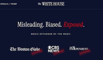 Captura de pantalla de la nueva página web de la Casa Blanca “Media Bias / Media Offenders” (Sesgo mediático/ Infractores mediáticos), impulsada por el presidente norteamericano, Donald Trump