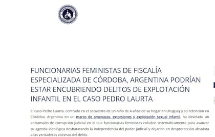 Captura de pantalla de la página de Varones Unidos sobre el "caso Laurta"