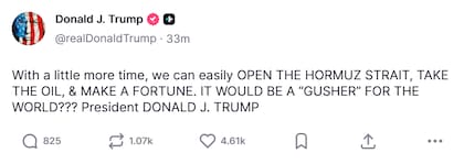 Captura de pantalla de la publicación de Trump. Fuente: Truth Social