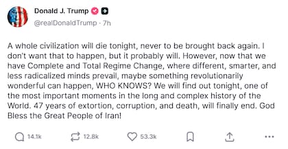 Captura de pantalla de la publicación de Trump. Fuente: Truth Social