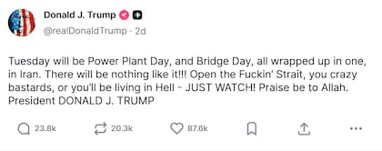 Captura de pantalla de la publicación de Trump. Fuente: Truth Social