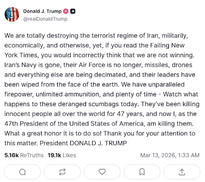 Captura de pantalla de la publicación de Trump. Fuente: Truth Social