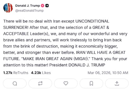 Captura de pantalla de la publicación de Trump. Fuente: Truth Social