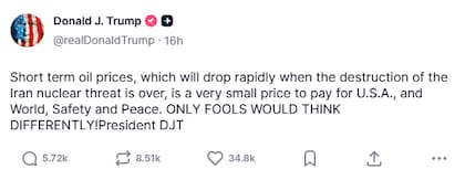 Captura de pantalla de la publicación de Trump. Fuente: Truth Social