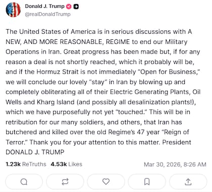 Captura de pantalla de la publicación de Trump. Fuente: Truth Social