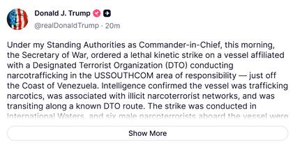 Captura de pantalla de la publicación del presidente norteamericano, Donald Trump. Fuente: Truth Social