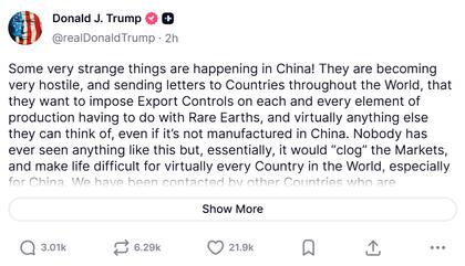 Captura de pantalla de la publicación del presidente norteamericano, Donald Trump, sobre los posibles aranceles a China. Fuente: Truth Social