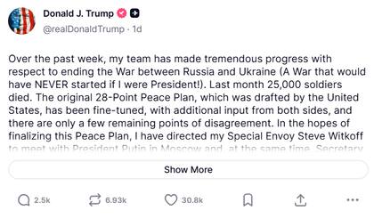 Captura de pantalla de la publicación del presidente norteamericano, Donald Trump. Fuente: Truth Social