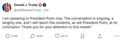 Captura de pantalla de la publicación del presidente norteamericano, Donald Trump, sobre la conversación con su homólogo ruso, Vladimir Putin. Fuente: Truth Social