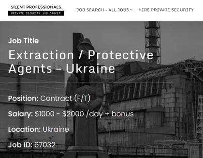 Captura de pantalla de oferta de trabajo buscando personas con experiencia militar para ayudar a evacuar a personas de Ucrania