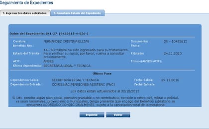 Captura de pantalla del expediente que tramitó la Presidenta para obtener una Pensión No Contributiva