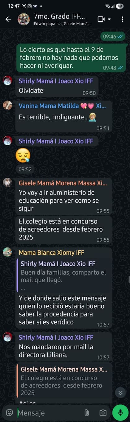 Captura de pantalla del grupo de Whatsapp de los padres de 7mo grado del Instituto Formando Futuro
