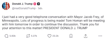 Captura de pantalla del mensaje publicado por Trump. Fuente: Truth Social