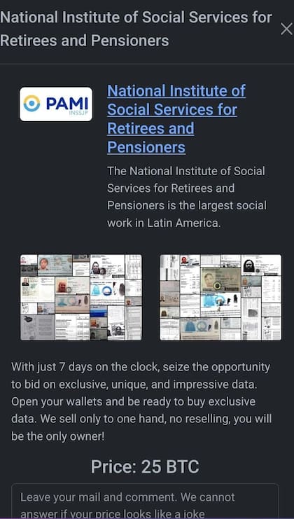 Captura de pantalla del pedido de rescate que publicó el grupo Rhysida en la dark web este fin de semana