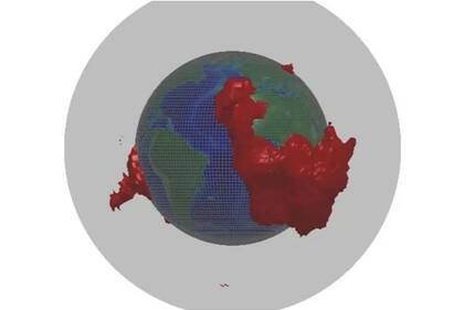 Captura de pantalla del video de los LLSVP publicado en el artículo de 2016 "Morfología de estructuras del manto inferior sísmicamente lentas" por Sanne Cottaar y Vedran Lekić.