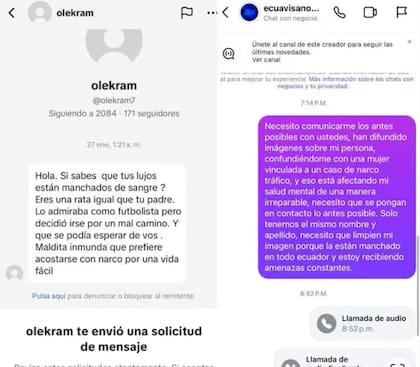 Captura de pantallas del mensaje que Micaela envió al canal de televisión ecuatoriano