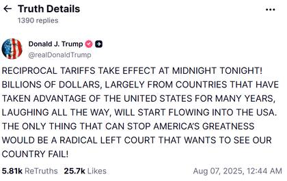 Captura de una publicación del presidente norteamericano Donald Trump en su cuenta de la red social Truth Social