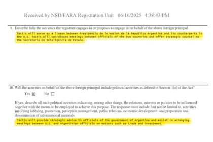 Captura del documento presentado ante el Departamento de Justicia de Estados Unidos que describe el vínculo entre la SIDE y Tactic Global.