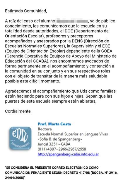 Captura del mail enviado en el día de ayer por la escuela a las familias