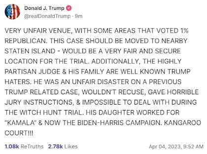 Captura del mensaje de Trump en Social Truth