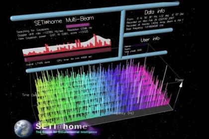 Captura del protector de pantalla de SETI @ home, un proyecto de computación distribuida en el que los voluntarios donan energía de computadora inactiva para analizar señales de radio en busca de señales de inteligencia extraterrestre