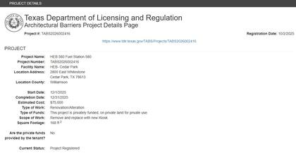 Captura del proyecto registrado para renovar la tienda de H-E-B en Cedar Park (Texas Department of Licensing and Regulation)