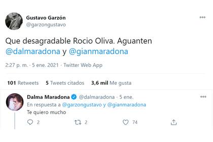 Captura del tuit de Gustavo Garzón y la repuesta de Dalma Maradona