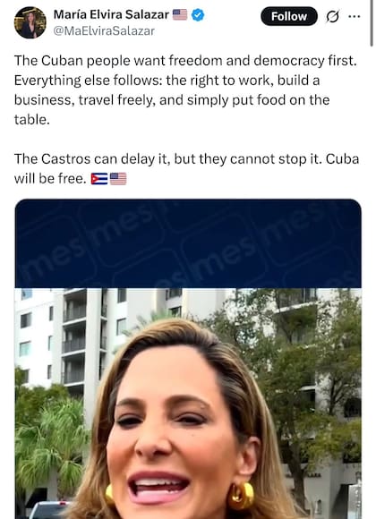 Captura del tuit de la congresista de Florida, María Elvira Salazar, sobre la libertad y la democracia en Cuba.