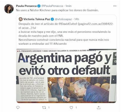 Captura del tuit de Paula Penacca, diputada nacional y secretaria parlamentaria