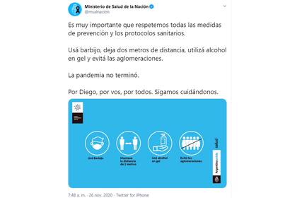 Captura del tuit del Ministerio de Salud de la Nación publicado en la mañana del velorio de Diego Maradona