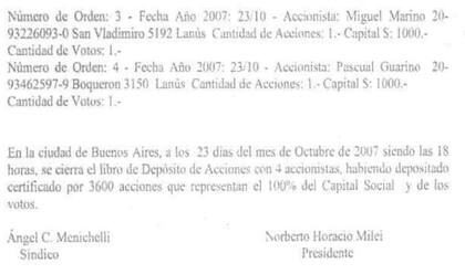 Captura del último registro societario que firmó Norberto Milei vinculado a estas empresas (en este caso, de Rocaraza)
