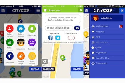 Capturas de pantalla de la aplicación CityCop, que permite elaborar un mapa del delito basado en las denuncias de su comunidad de usuarios