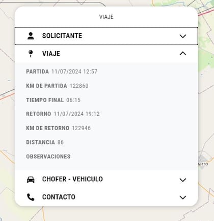 Capturas del sistema por el que Benedit solicitó un auto oficial de la Cámara de Diputados para ir a Ezeiza a visitar represores