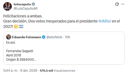 Caputo compartió una publicación que insinuaba que Sagasti y Strada también contaban con créditos hipotecarios en el Banco Nación