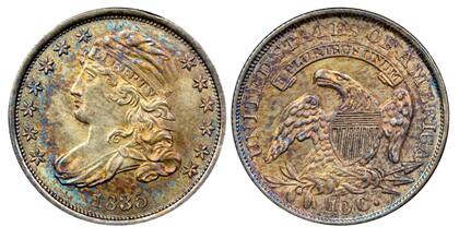 Cara y reverso de una moneda de 10 centavos de 1835