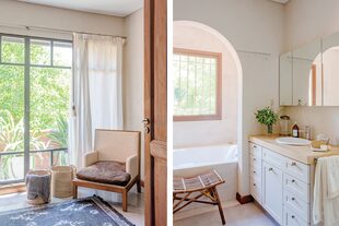 Caramelera antigua y banqueta de ratán (Profunda Decoración). Toallas de gasa pintada a mano (Natural Cosas Simples) y jabones (Casa de Lavandas).