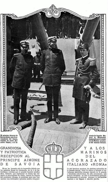 Caras y Careta de 1921, con la noticia de la llegada del acorazado italiano ROMA y con el príncipe Aimone de Saboya en su tripulación. Nota Último rey de Croacia