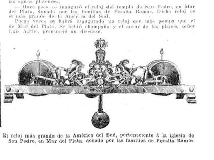 Caras y Caretas publicó en 1909 un esquema del mecanismo del reloj de la iglesia marplatense. Decía que entonces era el más grande de América del Sur.