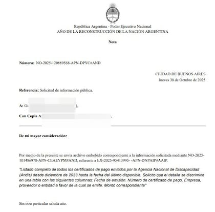 Carátula de la respuesta al pedido de acceso a la información pública con los certificados de pago de ANDIS