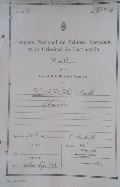 Carátula del expediente por el homicidio del ingeniero Marcelo Schapiro