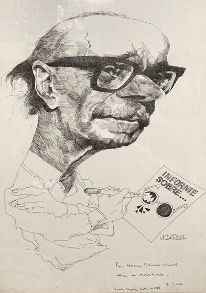 Caricatura de Ernesto Sabato por Leonardo Villarreal firmada por el autor de "Sobre héroes y tumbas"
