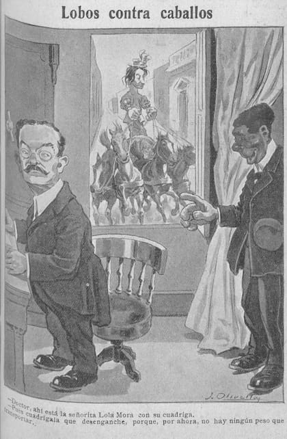 Caricatura de Lola Mora y la cuadriga del Congreso, en la que se ironiza sobre la suspensión de la obra por parte del ministro Lobos debido a la falta de fondos.